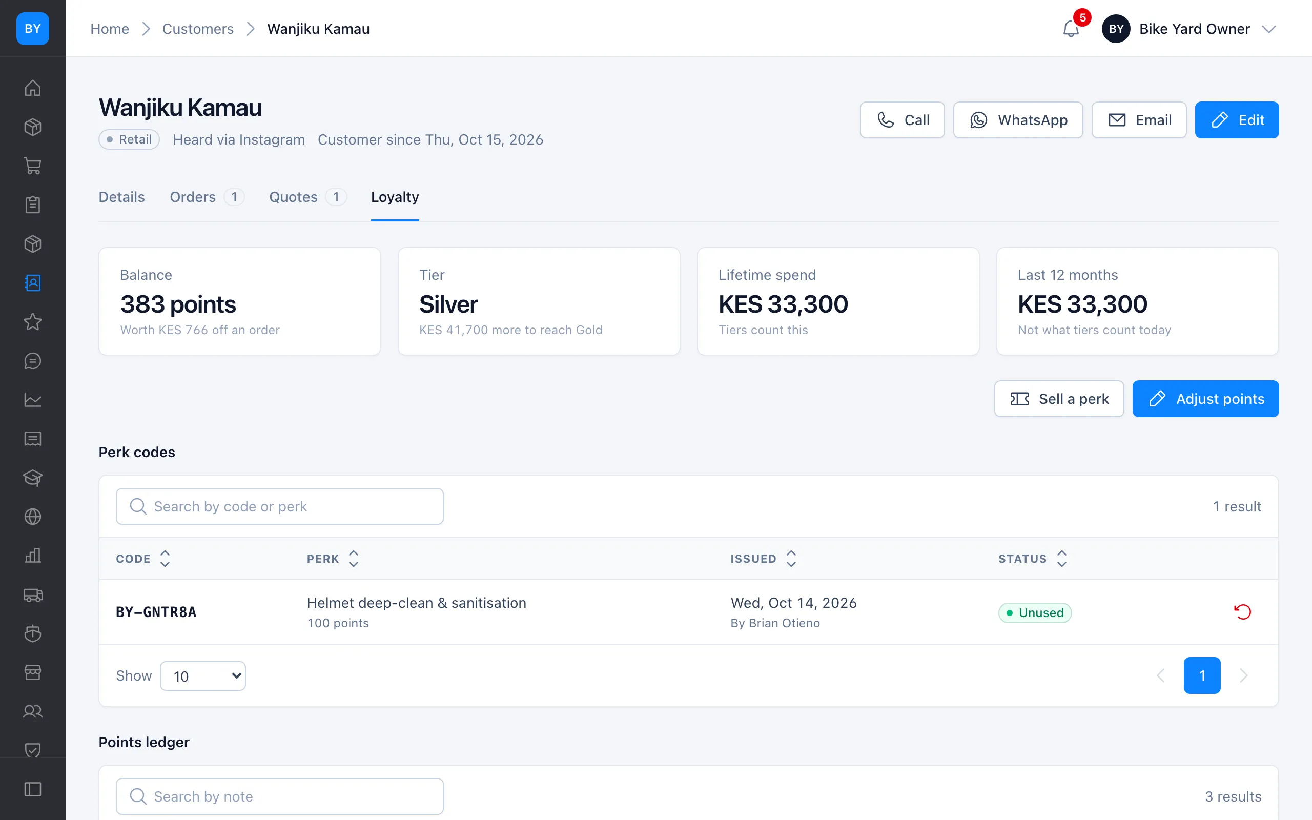 A customer's loyalty: points balance, tier, spend and perk codes.