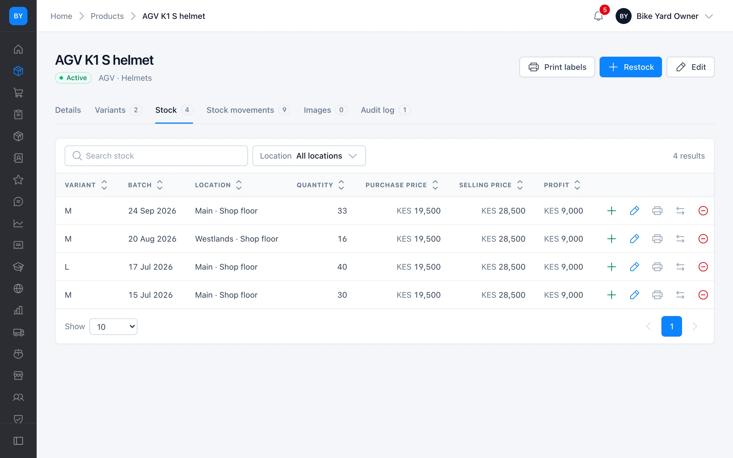 A product's stock in batches, by location, with buying and selling prices.